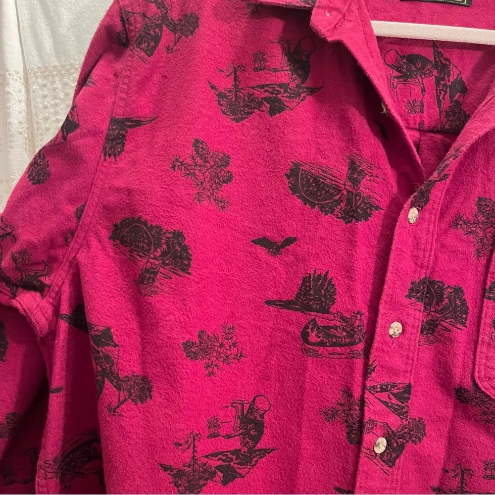 Eddie Bauer Vintage Red and Black 100% Cotton Outdoor Canoe Print Shirt size XL